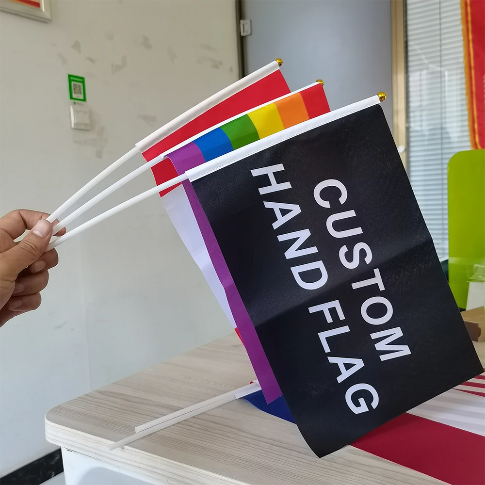 Customized small size shake flag polyester wooden printed lgbt gay pride 14*21cm hand waving hand held rainbow flags