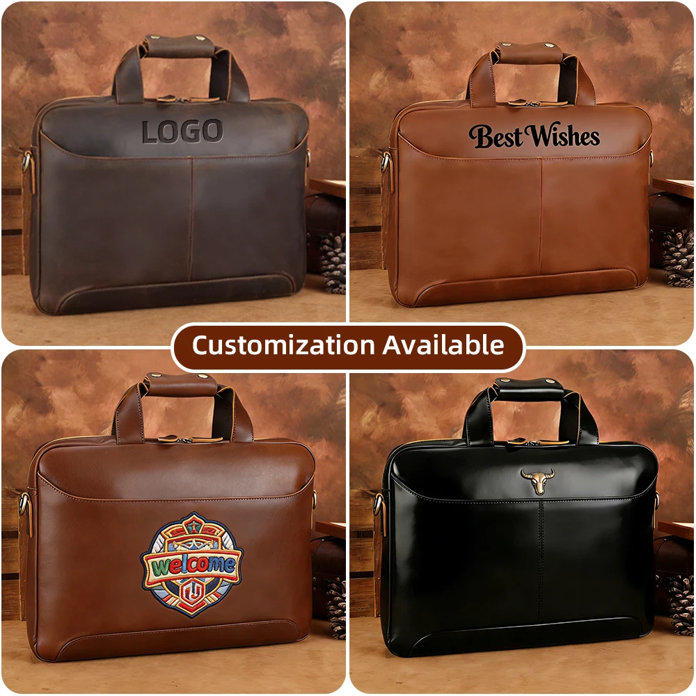 Men Genuine Leather Computer Laptop Briefcases Crazy Horse Leather 15.6 Inches Laptop Full Grain Leather Briefcase Business Bag