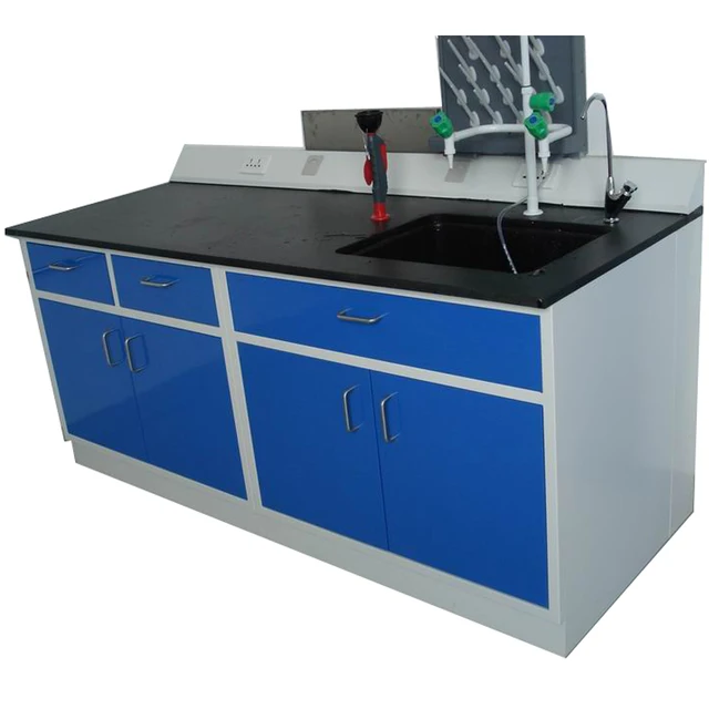 customizable student physics school lab furniture side bench, steel table sink bench with pp sink, swan faucet and pegboard