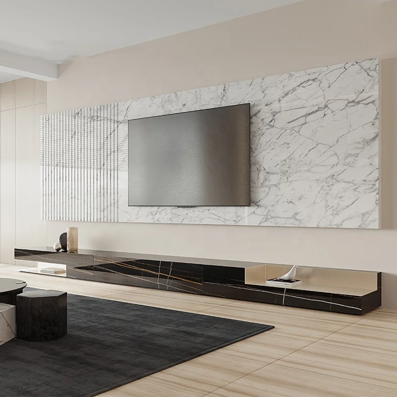 Luxury Tv Wall Units Modern Other Living Room Furniture Designs Natural White Black Marble Tv Unit for Living Room