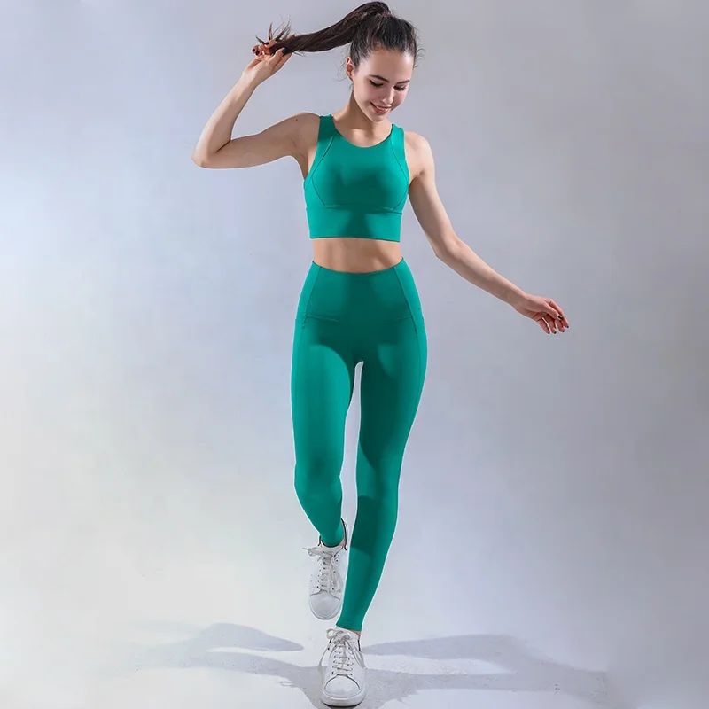 
 Ptsports Высококачественная нейлоновая ткань женская одежда для фитнеса и йоги с карманами укороченные топы с высокой талией леггинсы комплект  