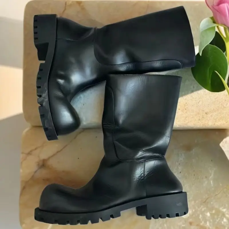 Fashion Men Low Heels Black Leather Autumn Winter Boots Big Toe Ankle Mid-calf Western Cowboy Boots - Image 5