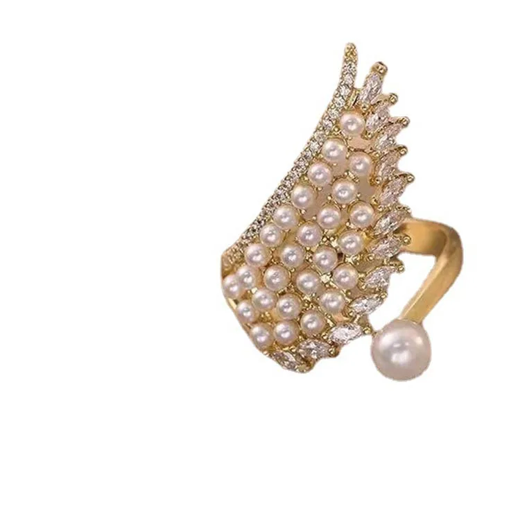 Elegant Pearl Angel Wing Ring Gold Plated Open Adjustable Wing Shape Rhinestone Ring for Women