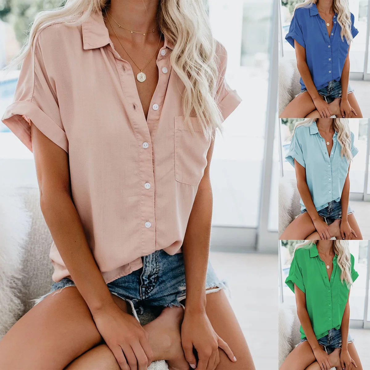 Women's Short Sleeves Shirt Casual Tees Tops Button Down Tunic Shirts Loose Fit Blouse with Pockets