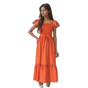 New Women's Summer Lace Hollow Out Short Sleeve Square Collar Ruffled a Harness Waist Dress