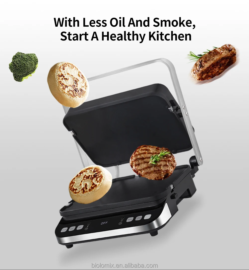 BioloMix 2000W Grill a contatto elettrico piastra digitale e pressa per  Panini, piastre per Waffle opzionali, apre Barbecue a 180 gradi