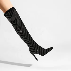 Custom Black Rhinestone Over-the-Knee Stiletto Boots for Women  Pointed Toe Stretch High Heels Woman Boots Thigh High Boots