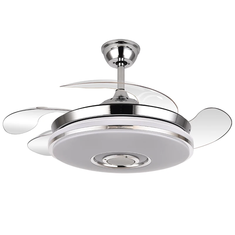 2034S 42Inch Modern Retractable Ceiling Fans with Light Speaker Music Player Chandelier 3 Colors Invisible Blades Remote Control