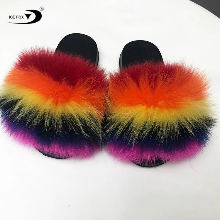 Женские меховые тапочки оптом, плюшевые тапки из натурального Лисьего меха, сланцы из лисьего меха для женщин