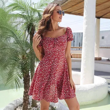 Chic High Waist Puff Sleeve Floral Printed Slim Fit A-line One Piece Dress Retro Tunic Beach Mini Dress for Summer