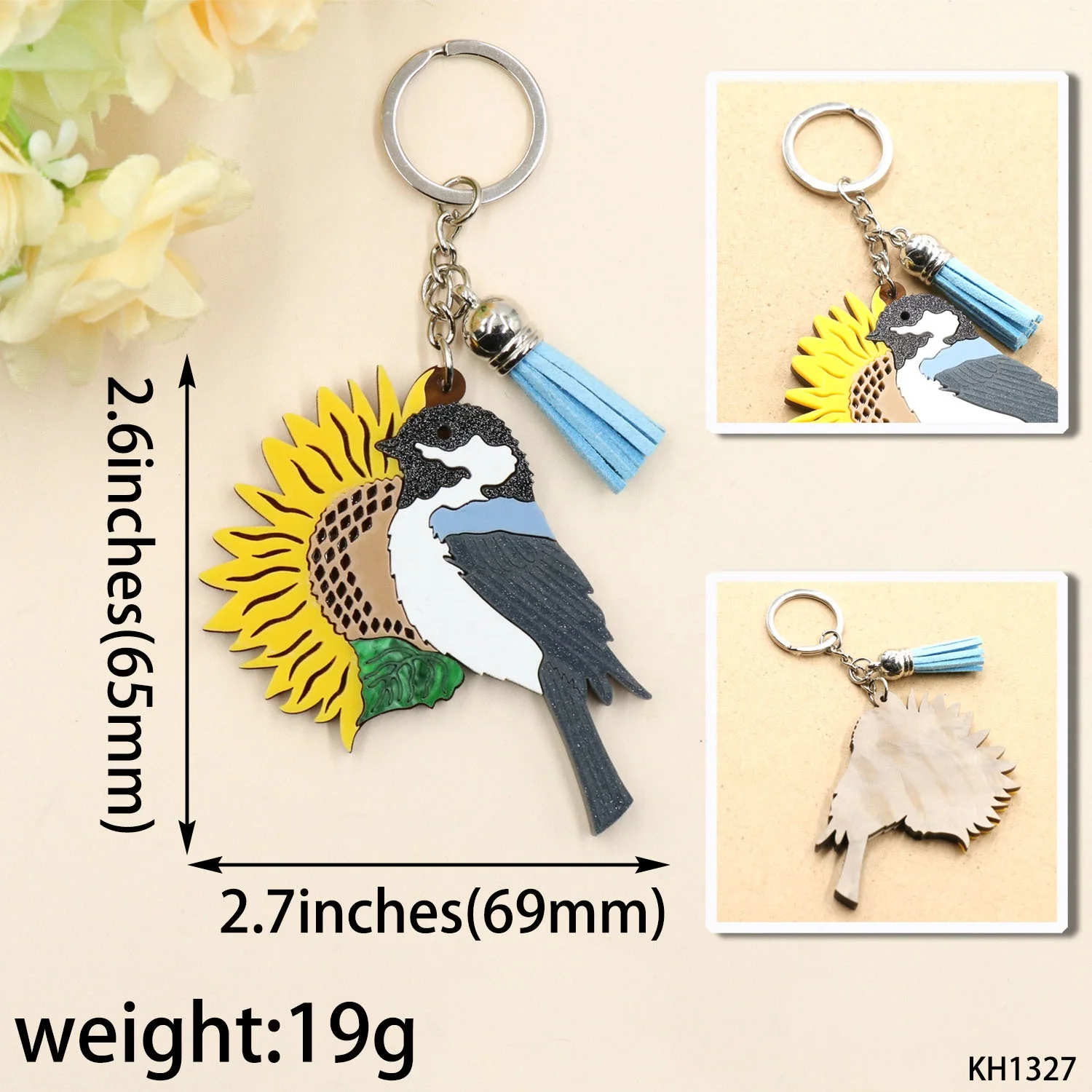 YCXKH1327 Cute Sunflower and Bird Series Keychain UV Printing Stainless Steel and Coin Holder Plastic Material supplier