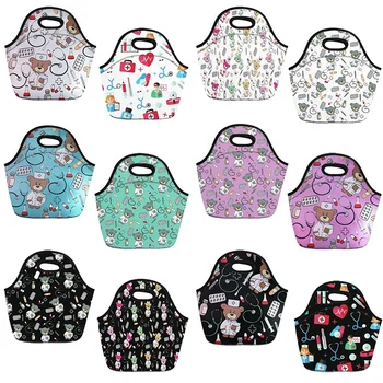 Custom Medical Printed Cute Bear Nurse Lunch Bag With Zipper Polyester Nurse Bag
