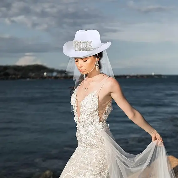 Unisex Vintage Cowgirl Hat Retro Style Cowboy Hat White Brim Veil