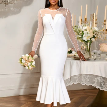 AM050733 Elegant Long Tulle Beaded Sleeve High Waist Fishtail White Slim Fit Midi Formal Sexy Women's Party Gowns