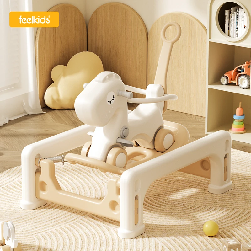 Child Kids Mountable Cars White Bungee Rocking Horse Ride on Animals Toy Seesaw Plastic for Baby Walker With Handle