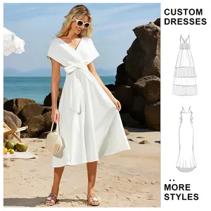 Custom High Quality Party Dresses Women Elegant Sleeveless V-neck A-line Midi White Dress Women's Clothing Plus-size Dress