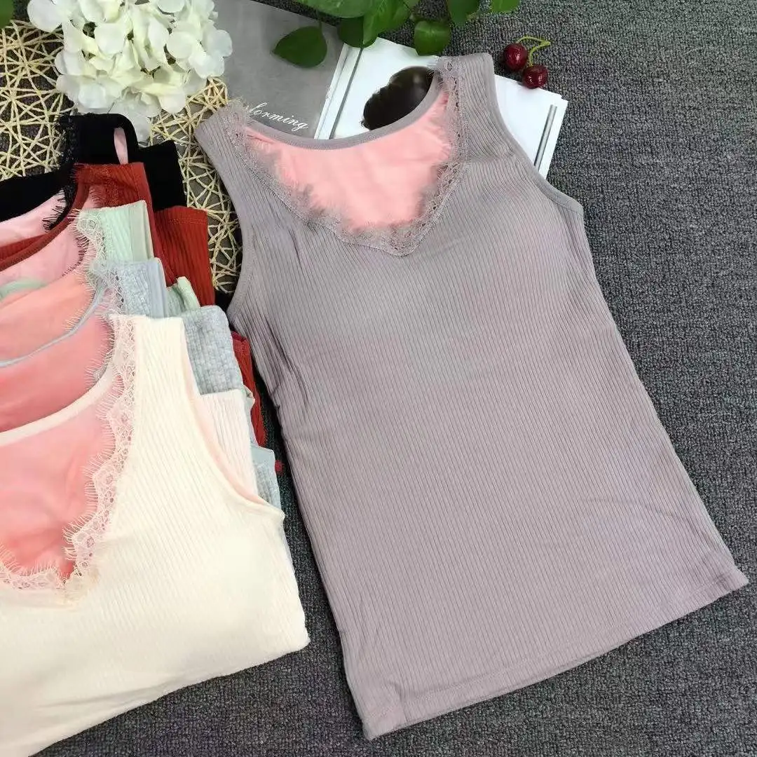 Autumn and Winter Sexy Lace V-neck Big Tits Thermal Vest Plus Velvet  Thickening Ladies Thermal Underwear With Cotton Cup Chest