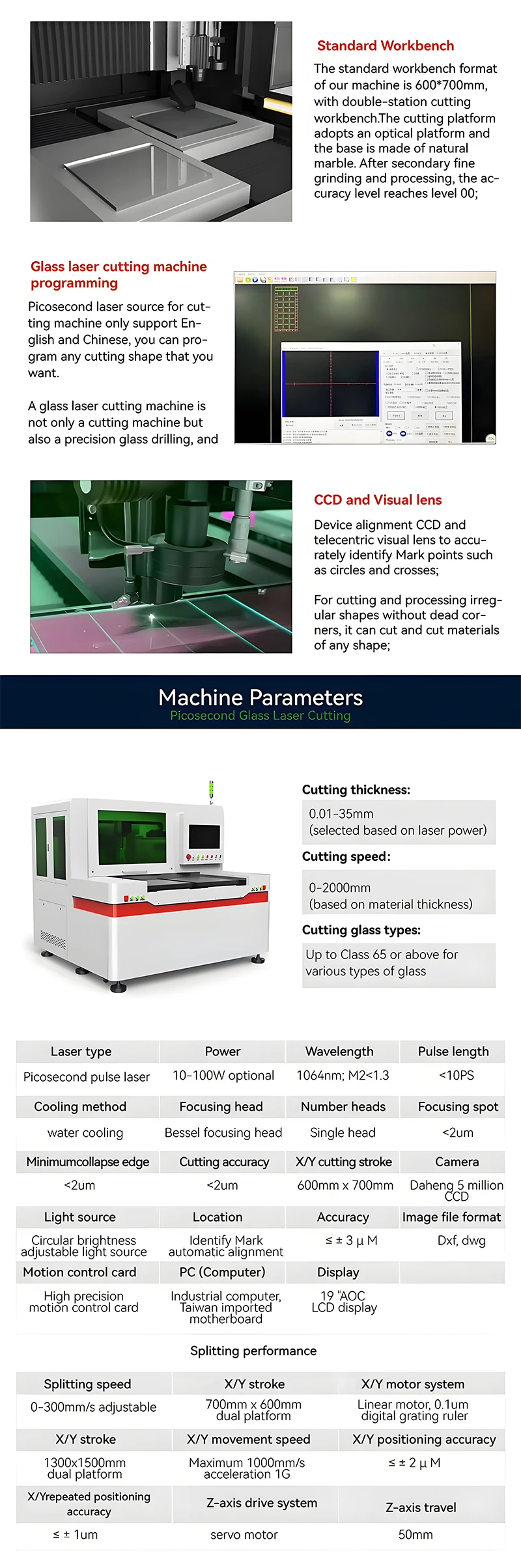 HIWIN Brand New Condition Automatic Focusing Infrared Picosecond Laser Glass Cutting Machine Visual Positioning Rubber BMP PLT