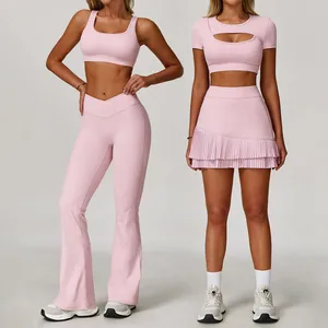 2026 New Women Hollow Bra Sport Wear Gym Fitness Workout Yoga Crop Top V Cut Flared Wide Leg Pants 7 Piece Yoga Sets