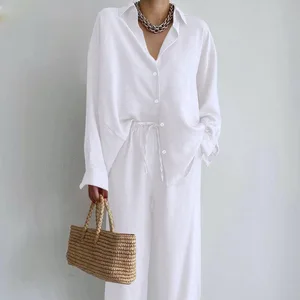 Newest Two Piece Set Solid Color Cotton Linen Women Shirt Pants Plus Size Women's Set