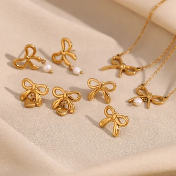 2024 Trend Bow Jewelry Set Pearl Necklace Earring Set 18k Gold Plated Jewelry Stainless Steel Pendant Necklace