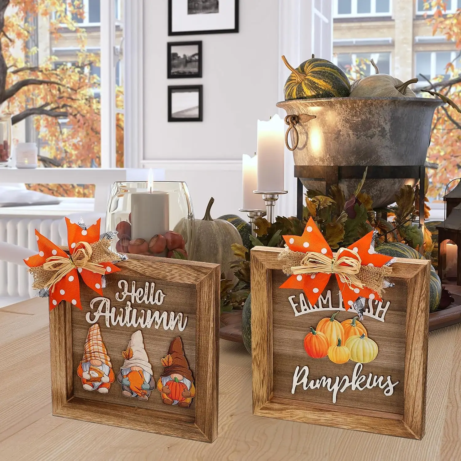 Geetery 2 Pcs Fall Table Decor 3D Thanksgiving Wooden Table Signs Dwarf Pumpkin Decor Thanksgiving Fall Wood Box Sign Hello Pump