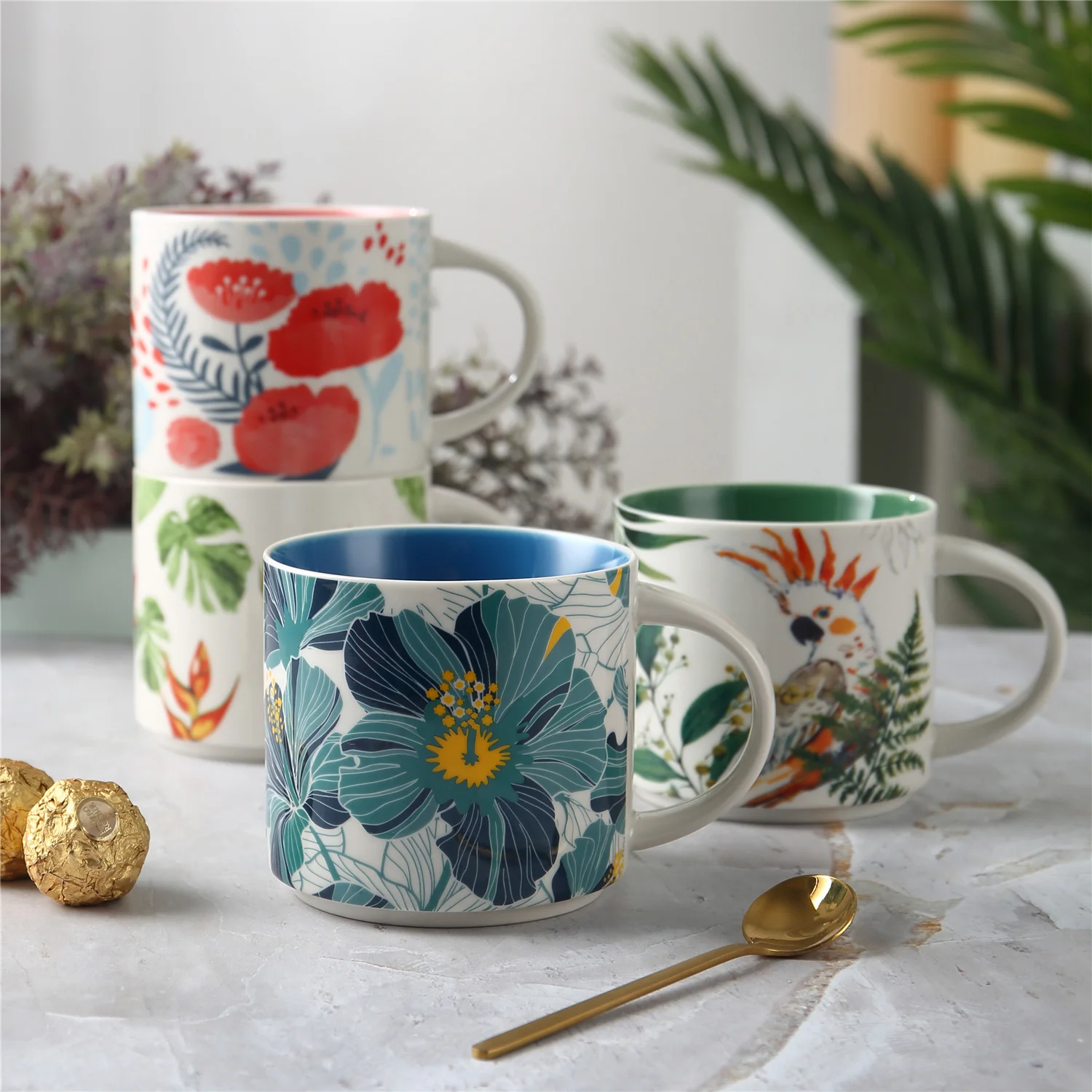 Custom Pattern with Colored Inside Porcelain Cup 450ml Ceramic Stackable Coffee Mug for Cafe Office Home