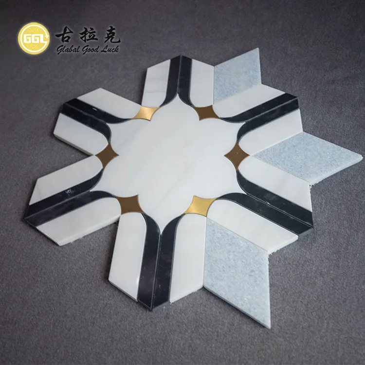 Water Jet Black and White Flower Shaped Marble Mosaic Tile Mix Brass Natural Marble Mosaic for Kitchen Splash Tile factory