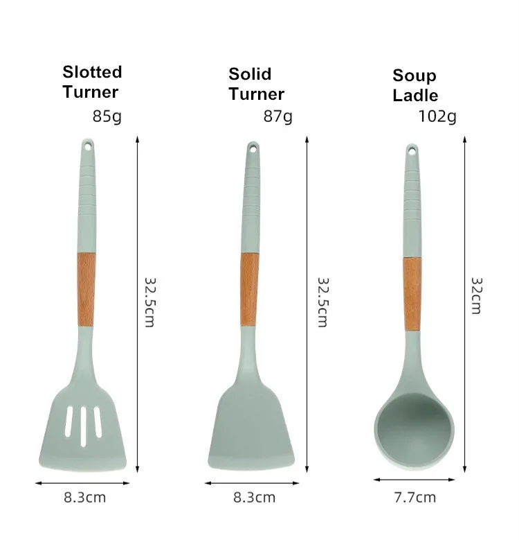 Silicone Cooking Utensils Set with Holder Bucket Heat Resistant Detachable Handle Kitchen Cooking Tool Mint Green
