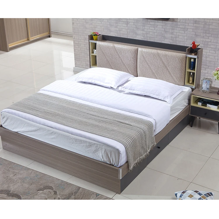 Simple Design PU Leather Headboard Storage Bed Bedside Tables Bedroom Set Wood Home Furniture