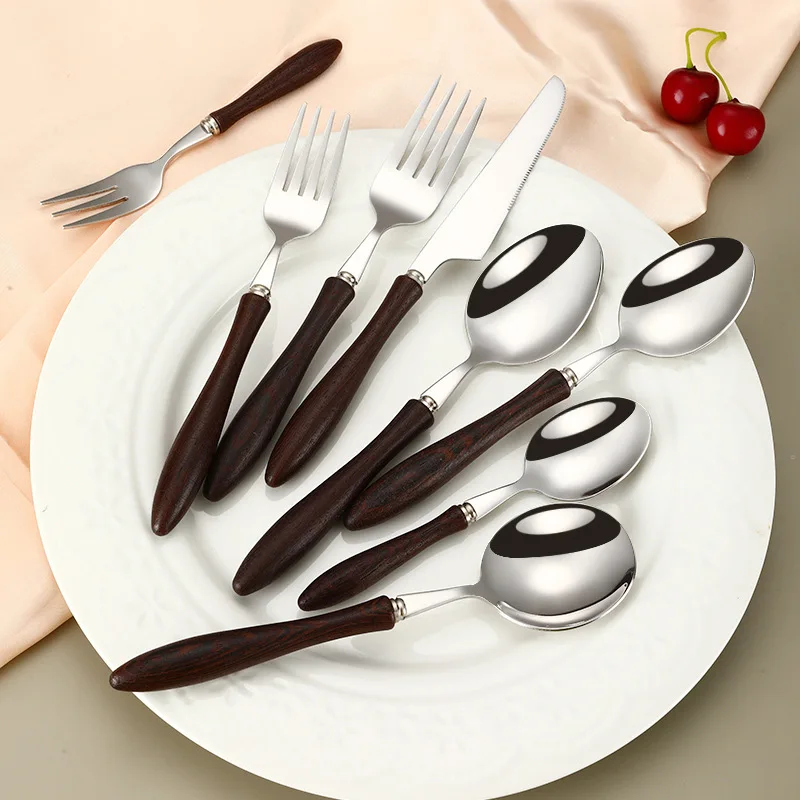304 Stainless Steel Knife Fork Spoon With Wooden Handle Cutlery Set Restaurant Dessert Spoon Fork Retro Silverware Cutlery Set