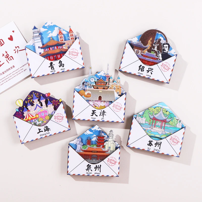 Wooden Refrigerator Magnets in Envelope Style Custom Logo Plywood Magnet Uv Printed Countries Carvings Frames 3D