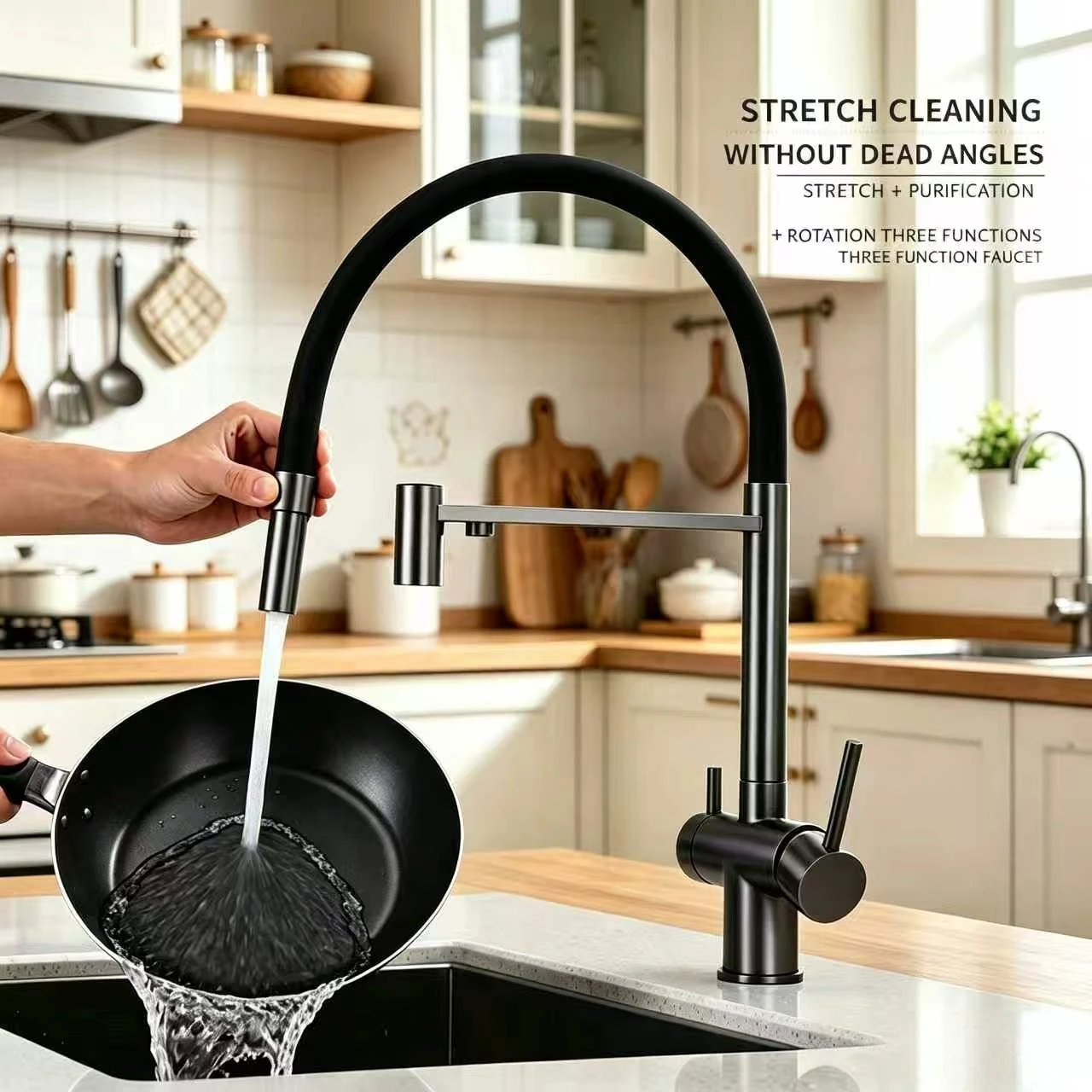 Kitchen sink installation showing rotating water purification faucet in use