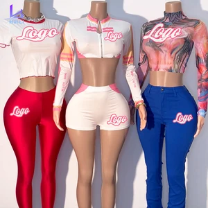 Huili Manufacturer High Stretch Sports Two Piece Sets White Long Sleeve Crop Top Shorts Custom logo Activewear Gym Clothes Women