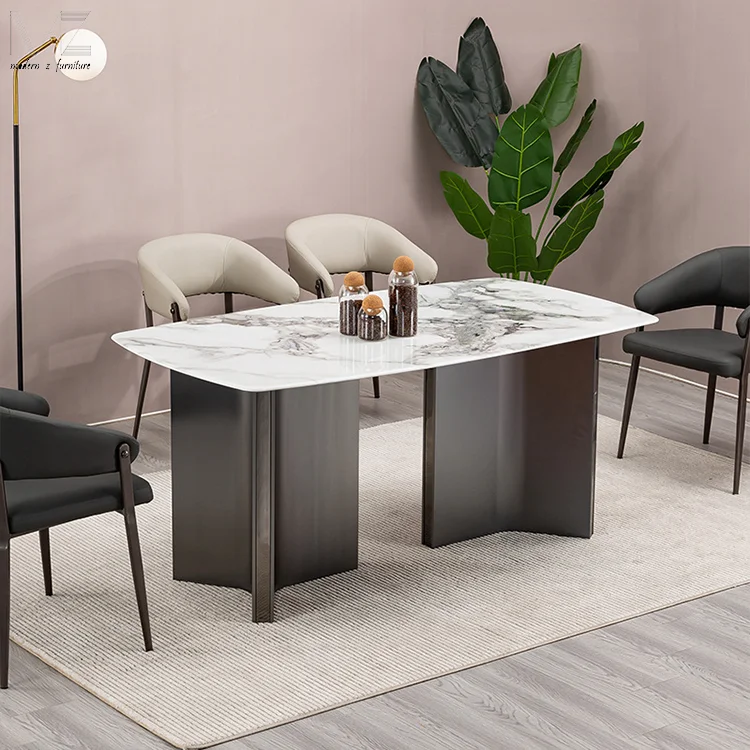 European Luxury Modern Dinning Room Furniture Minimalist Stainless Steel Marble Top Nordic Sintered Stone Dining Table