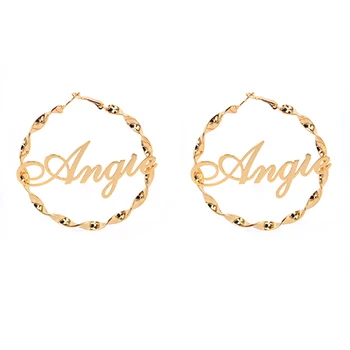 Wholesale Custom Luxury Trendy Women Jewelry 18K Gold Plated Designer Fashion Big Bamboo Name Stainless Steel Hoop Earrings