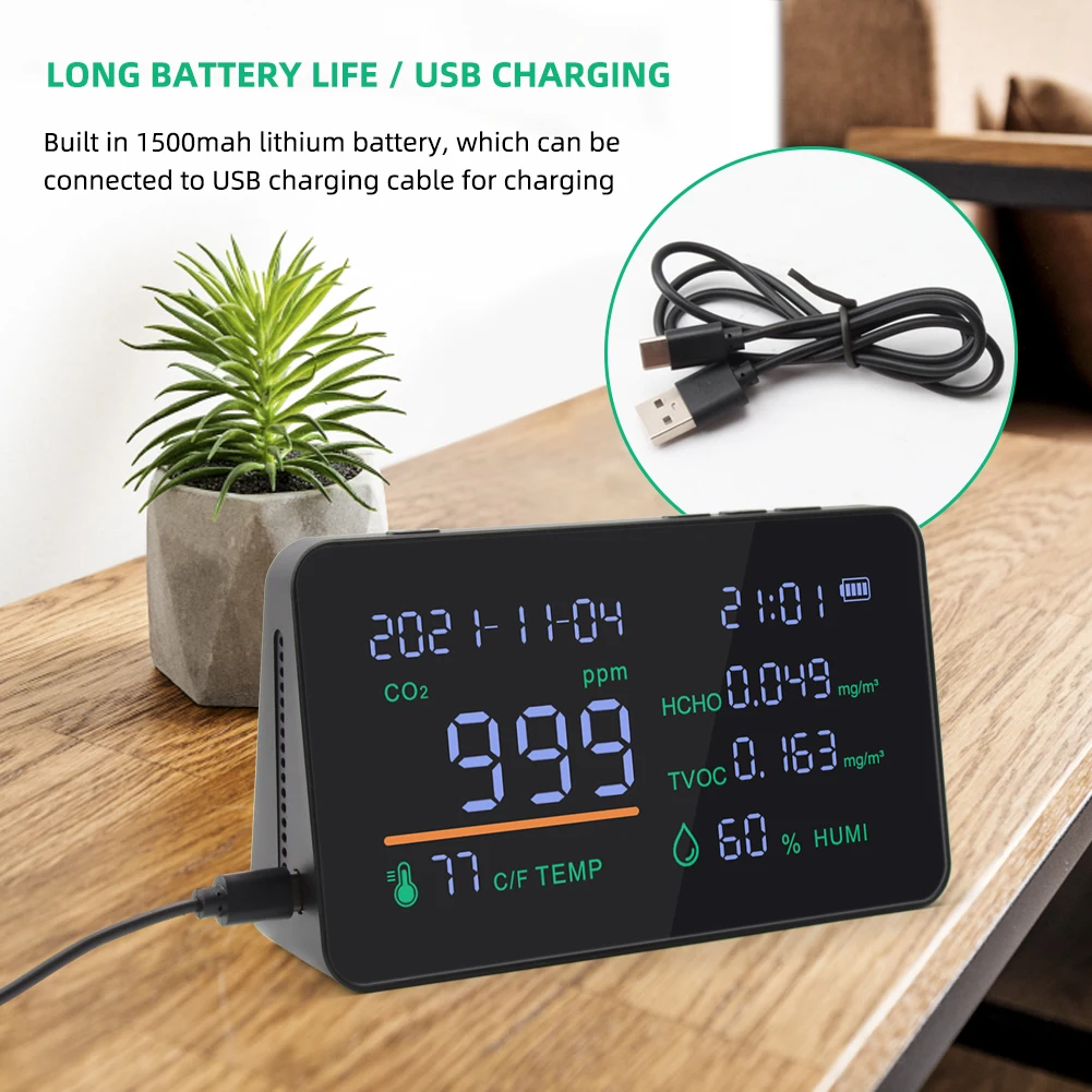 7-в-1 многофункциональный измеритель CO2 TVOC HCHO, тестер качества воздуха и газа, детектор температуры и влажности с ЖК-дисплеем, монитор загрязнения