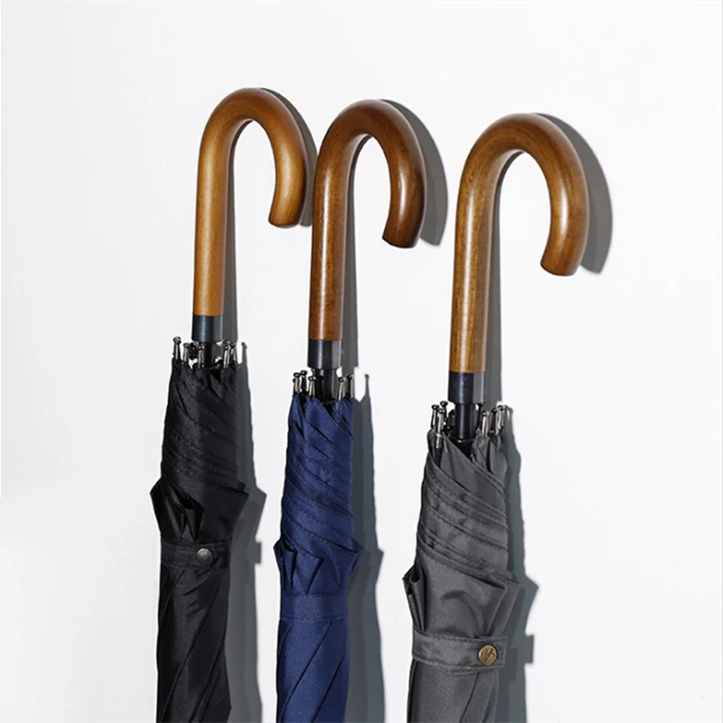 Branded Auto Open Wooden J Handle Stick Golf Umbrella with Custom logo