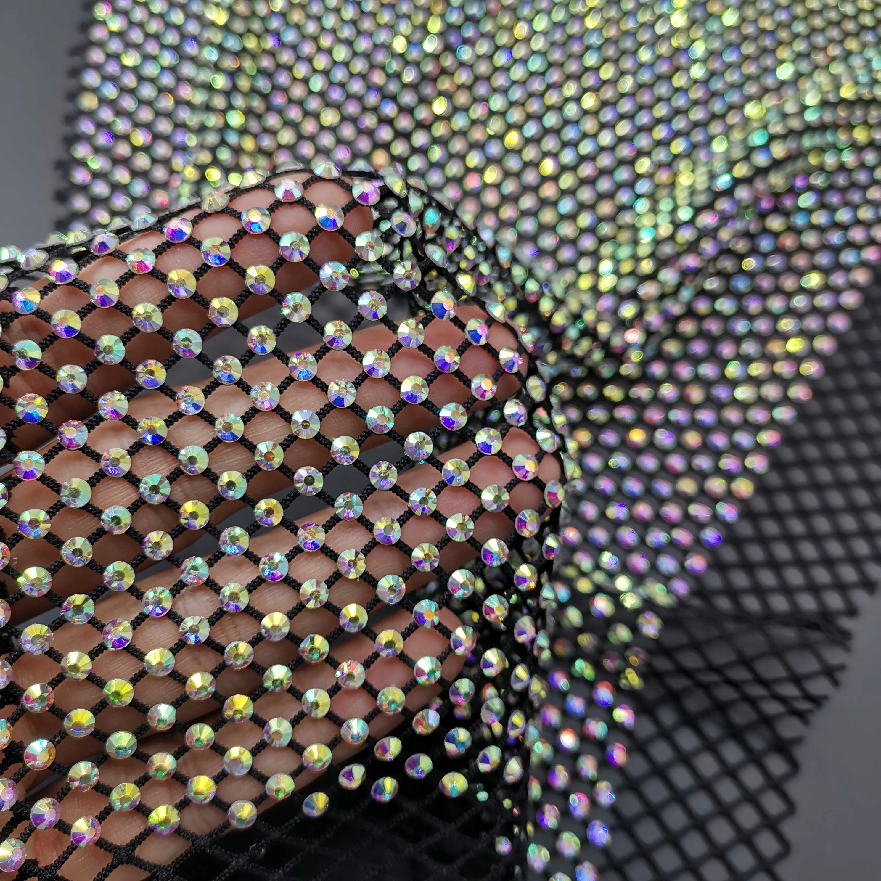 Crystal Elastic Hollow Diamond Mesh AB Glass Rhinestone Trim Fabric 23*40cm Glitter White Lace Wedding Party Fashion 120cm Width