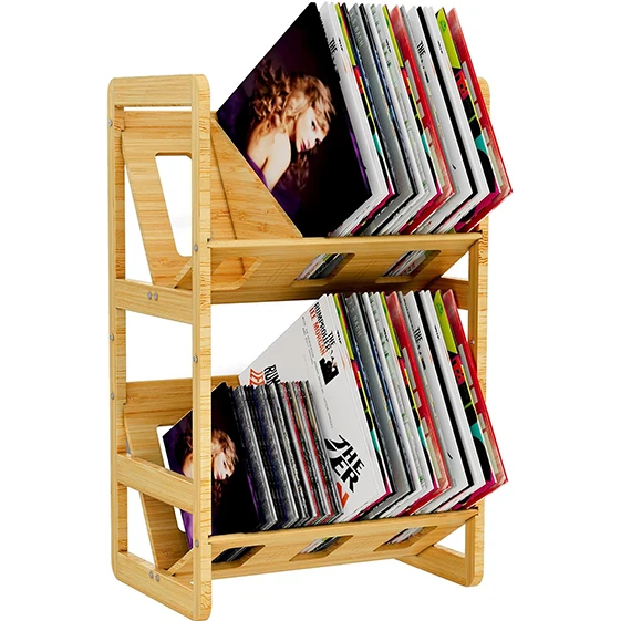 2-Tier Bamboo Record Stand Shelf with Dividers Vinyl Record Storage Holder and Display Rack for Book Bathroom Organizer
