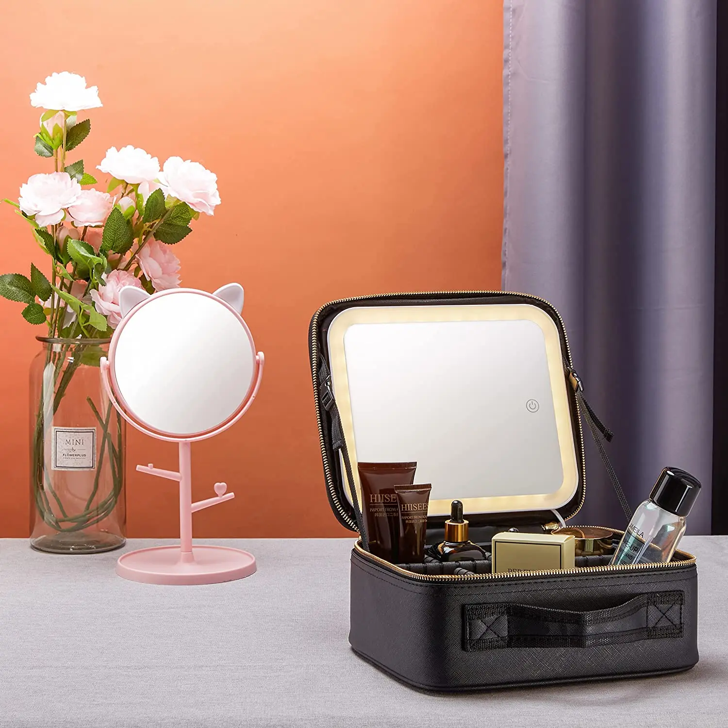 Пользовательский логотип Водонепроницаемый Косметический мешок Организатор визажиста коробка со светодиодным зеркалом