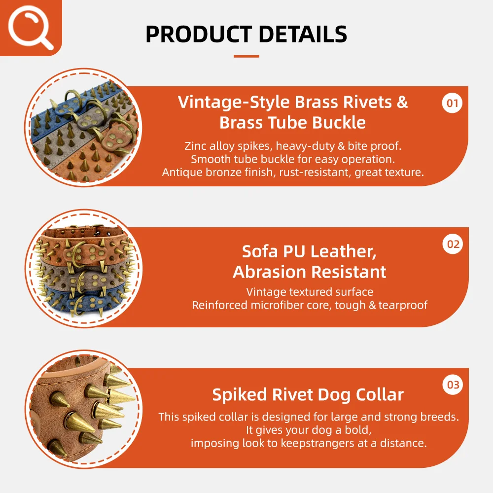 Wholesale Rivet Spiked Studded PU Dog Collar for Small Medium Large Do - product detail 4