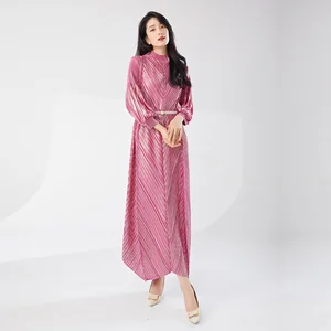 Miyake Women's Large Plus Size Dress Loose Stretch Printed Gradient Vintage Style High Neck Pleated Western Evening Dress