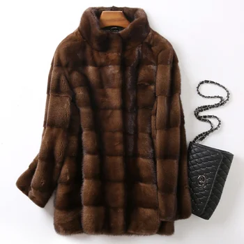 New Luxury Elegant Fashion Real Imported High-end Mink Fur Standing Collar Long Coat With Whole Mink Skin