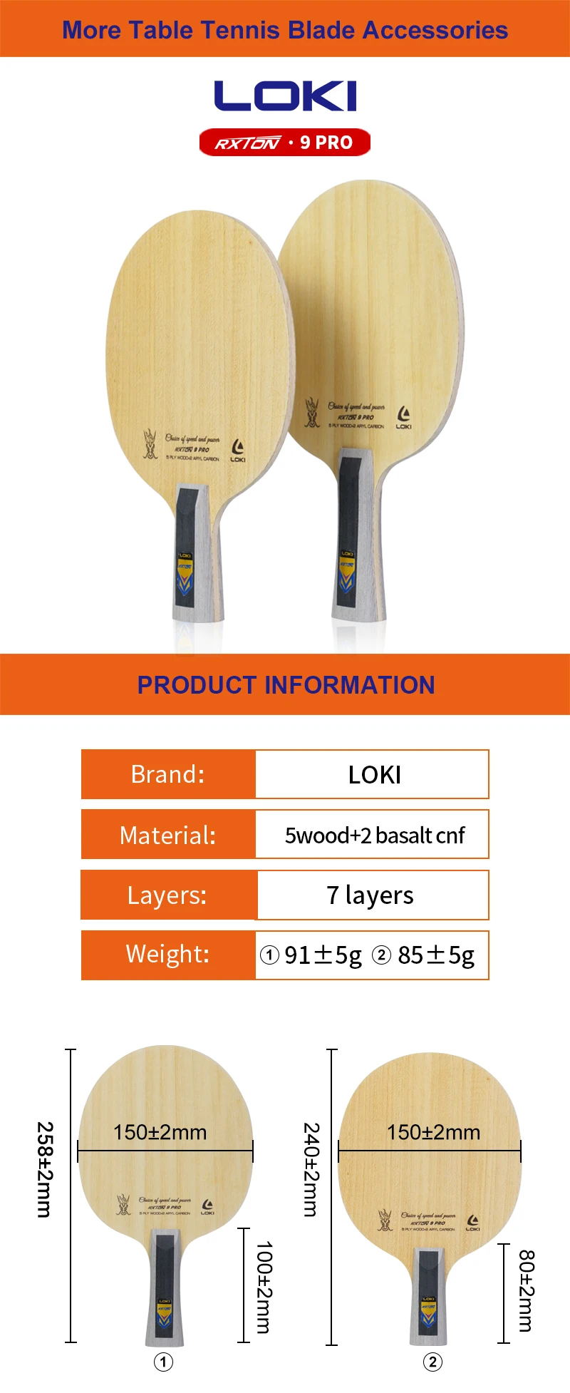 LOKI Rxton 9Pro 7 Ply Basalt Fiber Table Tennis Blade - Low MOQ