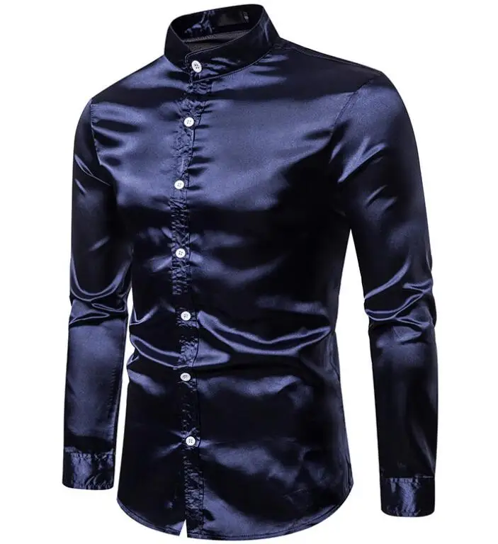 Men's Black Satin Dress Shirts Silk Designer Shirt Slim Fit Wedding
