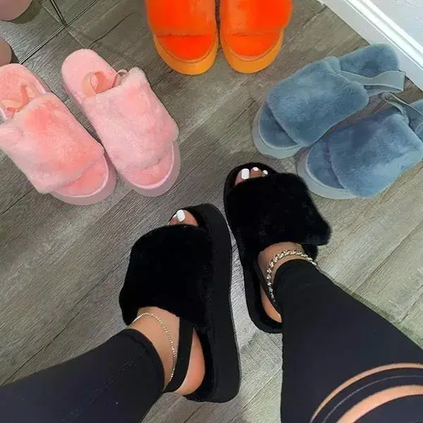 Wholesale New Arrival Ladies Fluffy Fur Slides Winter House Bedroom Shoes Flat Solid Slip-On for Autumn Spring Mary Jane Flat