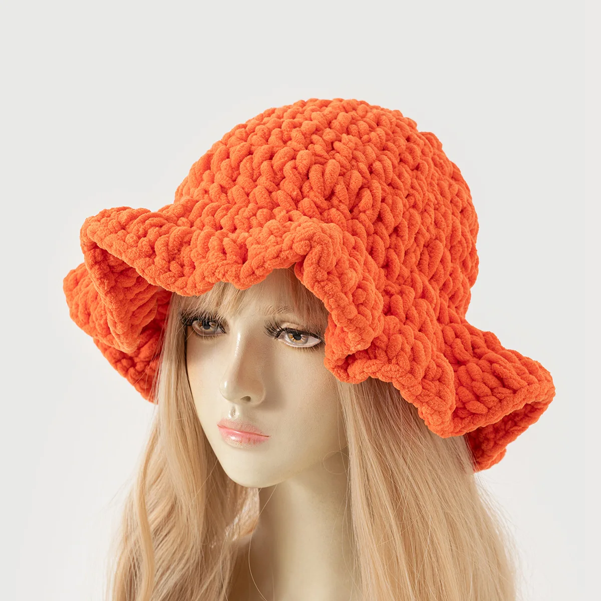 Crochet Ruffle Bucket Hat Acrylic Handmade Winter Beanie Cap Handmade Crochet Ruffle Bucket Hat - Slouchy Beanie Style  main image 3