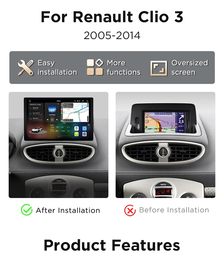 Junsun X9 Carplay Android Autoradio für Renault Clio 3 (2005–2014) mit DVD-Player, 2K QLED-Display (2000 x 1200 Pixel), 7870 Pixel, 2,7 GHz, 5G/4G LTE_voghion.com