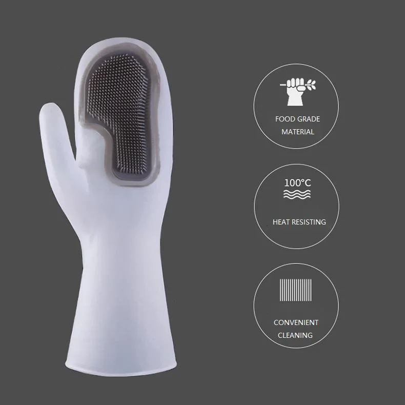 Бытовые перчатки, перчатки для мытья посуды с односторонней силиконовой щеткой и растягивающимися манжетами